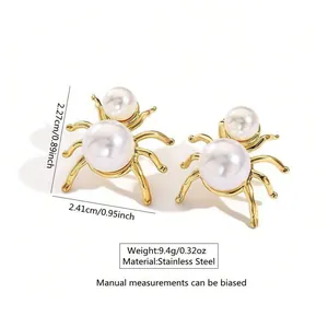 Detailed size view of gold spider pearl earrings with 2.27cm height and 2.41cm width
