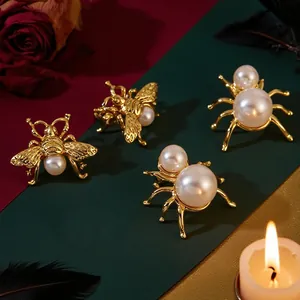 Luxury Stainless Steel Spider Stud Earrings Gold Plated Faux Artificial Pearl Gothic Ear Jewelry For Women Halloween Party Accessories