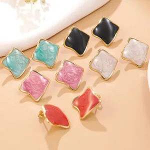 Boucles d'Oreilles Clous Carrées Géométriques en Acier Inoxydable Rétro Texture Marbre Goutte d'Huile Bordure Dorée Bijoux pour Femmes