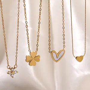 Stainless Steel Heart Flower Four Leaf Clover Pendant Necklace For Women Gold Plated Zirconia Shell Elegant Jewelry Gift