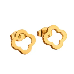 Elegant 18k gold plated stainless steel four-leaf flower stud earrings with zircons
