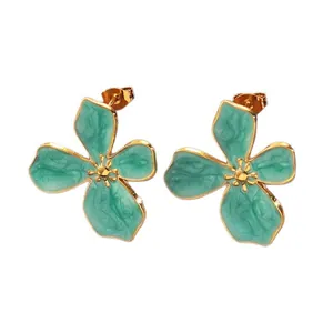 Boucles d'oreilles vintage en acier inoxydable doré avec émail vert menthe marbré