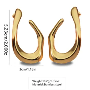 Polished golden irregular U-shaped stainless steel earrings with dimensions 5.23cm height