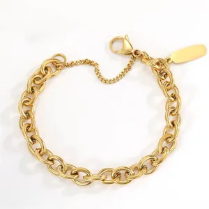 Ins style retro gold chunky curb chain bracelet with adjustable link and metal tag