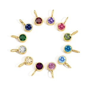 316L Stainless Steel 8mm Birthstone Charms Colorful Rhinestone Round Bezel Pendants For DIY Jewelry Making Accessories