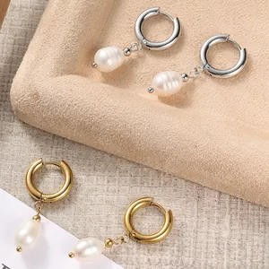 14K gold and silver plated hoop earrings with natural freshwater pearl pendants for women