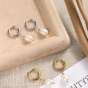 14K gold plated and silver stainless steel hoop earrings with freshwater pearl drops