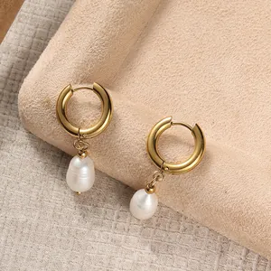 Elegant 14K gold plated hoop earrings featuring natural freshwater baroque pearls