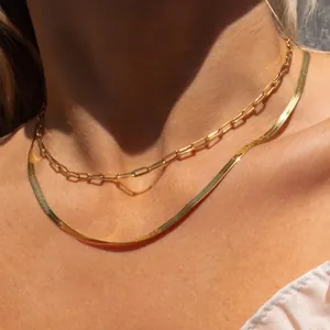 Close-up of layered gold necklace set featuring paperclip and herringbone style chains