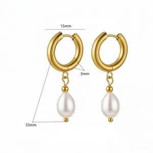 14K gold plated hoop earrings with teardrop pearls, 33mm length and 15mm diameter