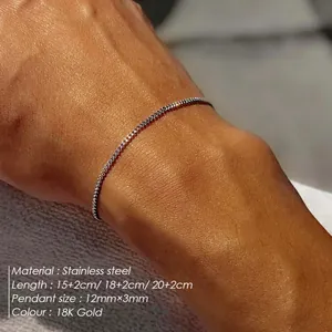 Minimalist Stainless Steel Thin Cuban Link Chain Bracelet For Men Women Adjustable 18K Gold Plated Jewelry With Small Bar