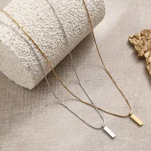 Minimalist square bar pendant necklaces in gold and silver steel snake chain style