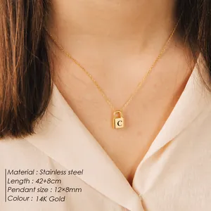 Gold stainless steel padlock necklace with letter C pendant and 14K gold finish