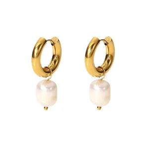 Boucles d'oreilles créoles en acier doré 18K avec perles d'eau douce naturelles