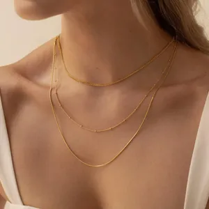 Minimalist Stainless Steel Layered Necklace Curb And Snake And Bead Chain PVD Gold Plated Stackable Choker Jewelry Gift