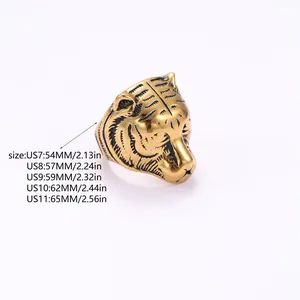Detailed size chart for the men's golden tiger head ring in stainless steel material