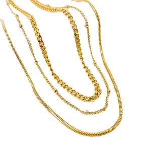 Layered gold-plated titanium steel necklace set with Cuban and snake chain styles