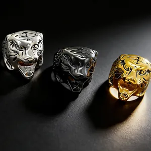 Fierce tiger head rings in silver, black and gold finishes for a bold hip-hop look
