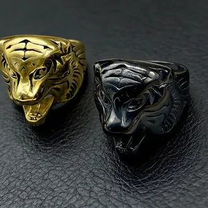 Tiger head rings in gold and black finishes with detailed 3D roaring tiger design