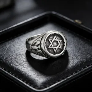 Macro shot of vintage stainless steel signet ring with hexagram and eagle relief
