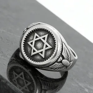 Macro detail of retro stainless steel ring with hexagram and side beetle engraving