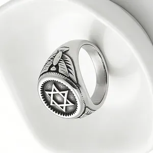 Vintage stainless steel ring for men featuring a Star of David and eagle wing relief