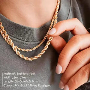 Conjunto de collares de cadena de cuerda de acero inoxidable de 3mm y 4mm en oro y plata