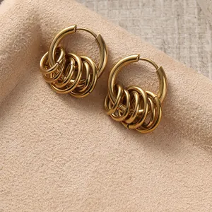 Chic gold-plated titanium steel hoop earrings with five smaller dangling rings