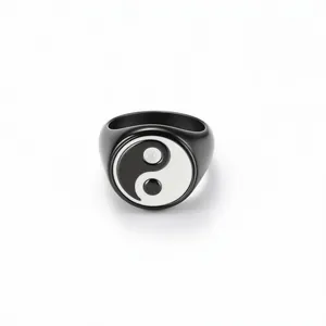 Vintage stainless steel wide band ring featuring a black and white Yin Yang Tai Chi design