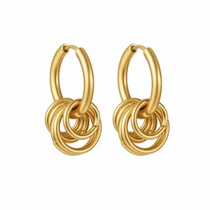 Punk style titanium steel gold hoop earrings with four small dangling ring accents