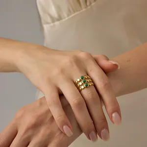 Vintage 316L Stainless Steel Layered Open Ring For Women 18K Gold Plated Malachite Texture Round Green Stone Retro Jewelry