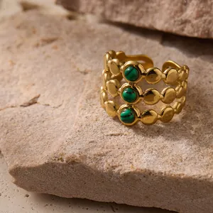 Retro 18k gold plated stainless steel ring with three green malachite stones