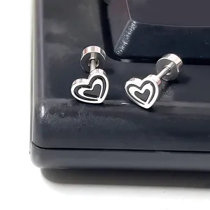 Titanium steel heart stud earrings with black and white drip oil pattern and screw back