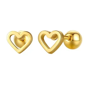 Minimalist hollow heart earrings in gold finish with screw ball backings for women