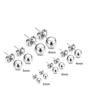 Ensemble de boucles d'oreilles boules en acier inoxydable poli de 2 mm à 6 mm unisexe