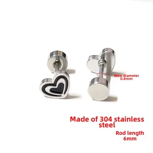 Titanium steel heart studs in silver and black with 0.8mm gauge and 6mm bar length