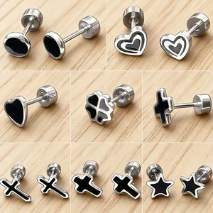 Minimalist Stainless Steel Stud Earrings For Men Women Black Enamel Heart Cross Star Clover Round Cartilage Earrings Jewelry