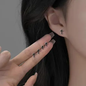 Minimalist titanium steel cross stud earrings with black enamel for men and women