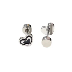 Titanium steel heart earrings with black enamel inlay and flat screw-back design