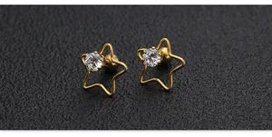 Vue macro de la boucle d'oreille étoile dorée avec zircon serti et fermoir à boule