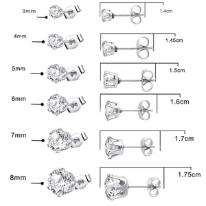 Tableau des tailles détaillé pour boucles d'oreilles en acier et zircon de 3 mm à 8 mm