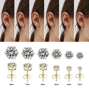 Boucles d'oreilles zircon à 6 griffes dorées avec tailles allant de 3mm à 8mm