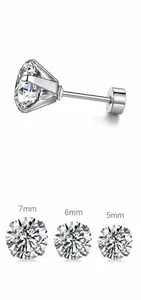 Détail de boucles d'oreilles zircone avec fermoir à vis, tailles de 5mm, 6mm et 7mm