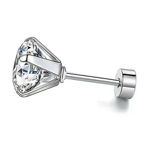 Clou d'oreille classique en acier inoxydable avec zircon rond serti à six griffes et vis