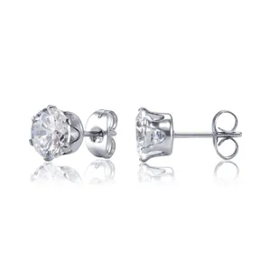 Boucles d'oreilles classiques en acier argenté avec zircon rond et serti à 6 griffes