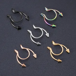 5-piece set of U-shaped stainless steel fake nose rings with spikes in multiple colors