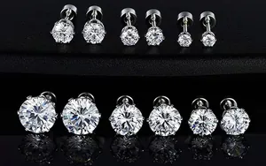 Detailed view of six pairs of round-cut zircon stud earrings in various sizes with 6-prong settings