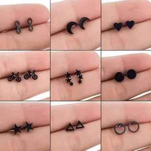 Collection of black stainless steel stud earrings featuring heart, star, and moon shapes