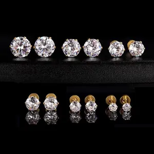Set of six gold stainless steel stud earrings with round cubic zirconia in varied sizes