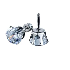 Classic silver stainless steel six-prong crown stud earrings with round zircon stones
